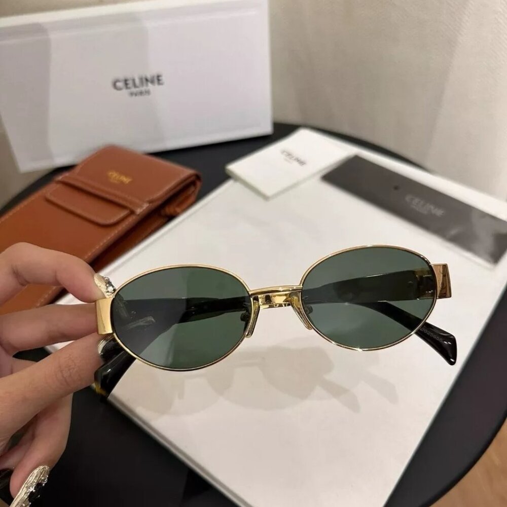Celine CL40235U 30N Triomphe Metal Oval Sunglasses Gold Green Lens AUTHENTIC